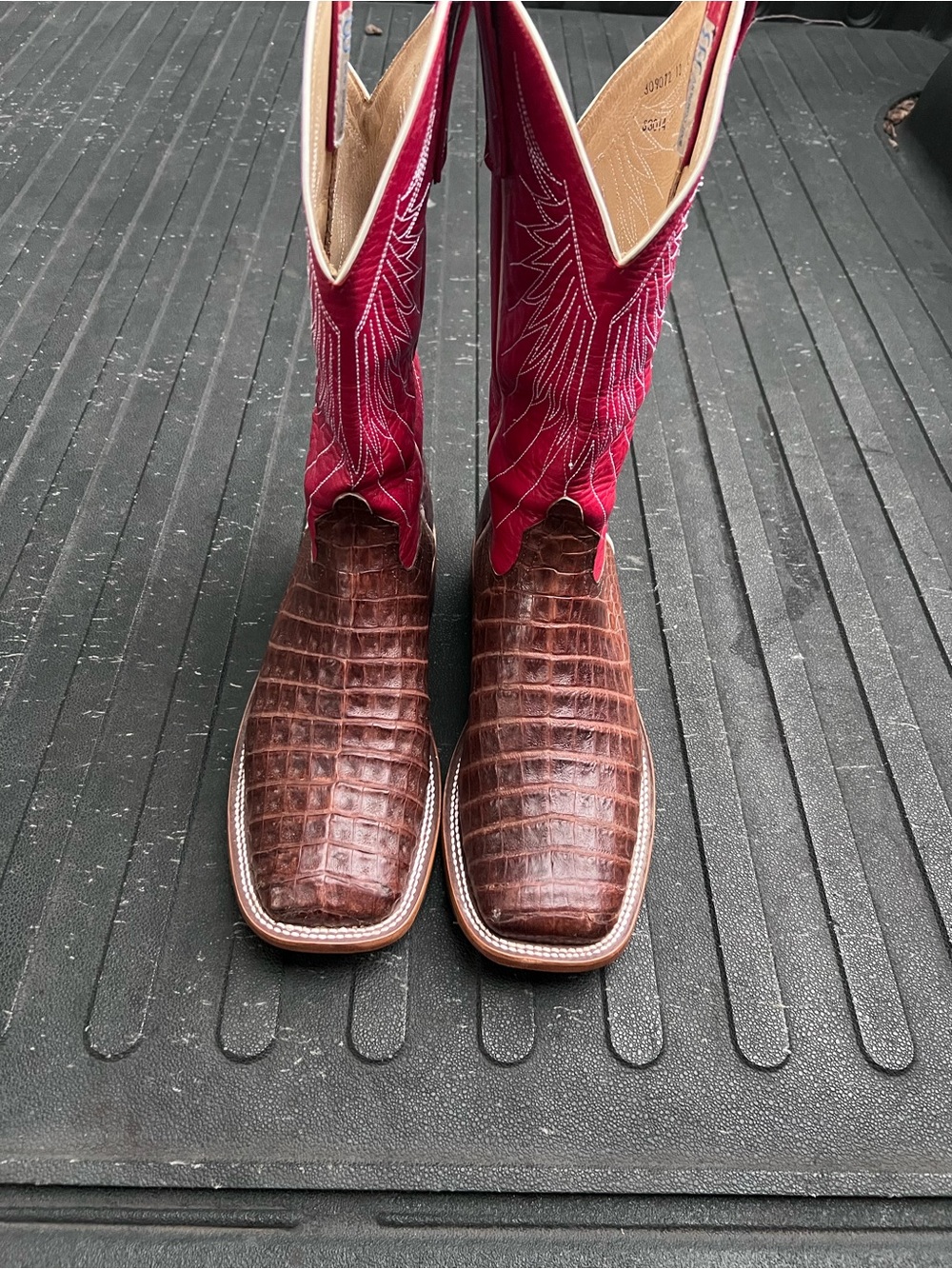 Men's Anderson Bean Brown Alligator Western Boots with Red Embroidered Shaft
